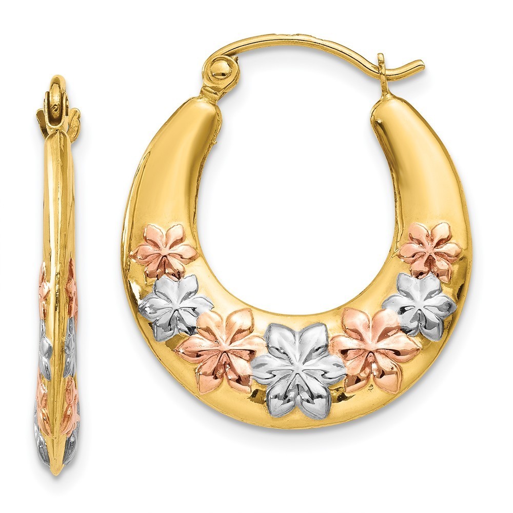 14k Yellow Gold & White & Rose Hollow Flowers Hoop Earring 22 L X 19 Mm W